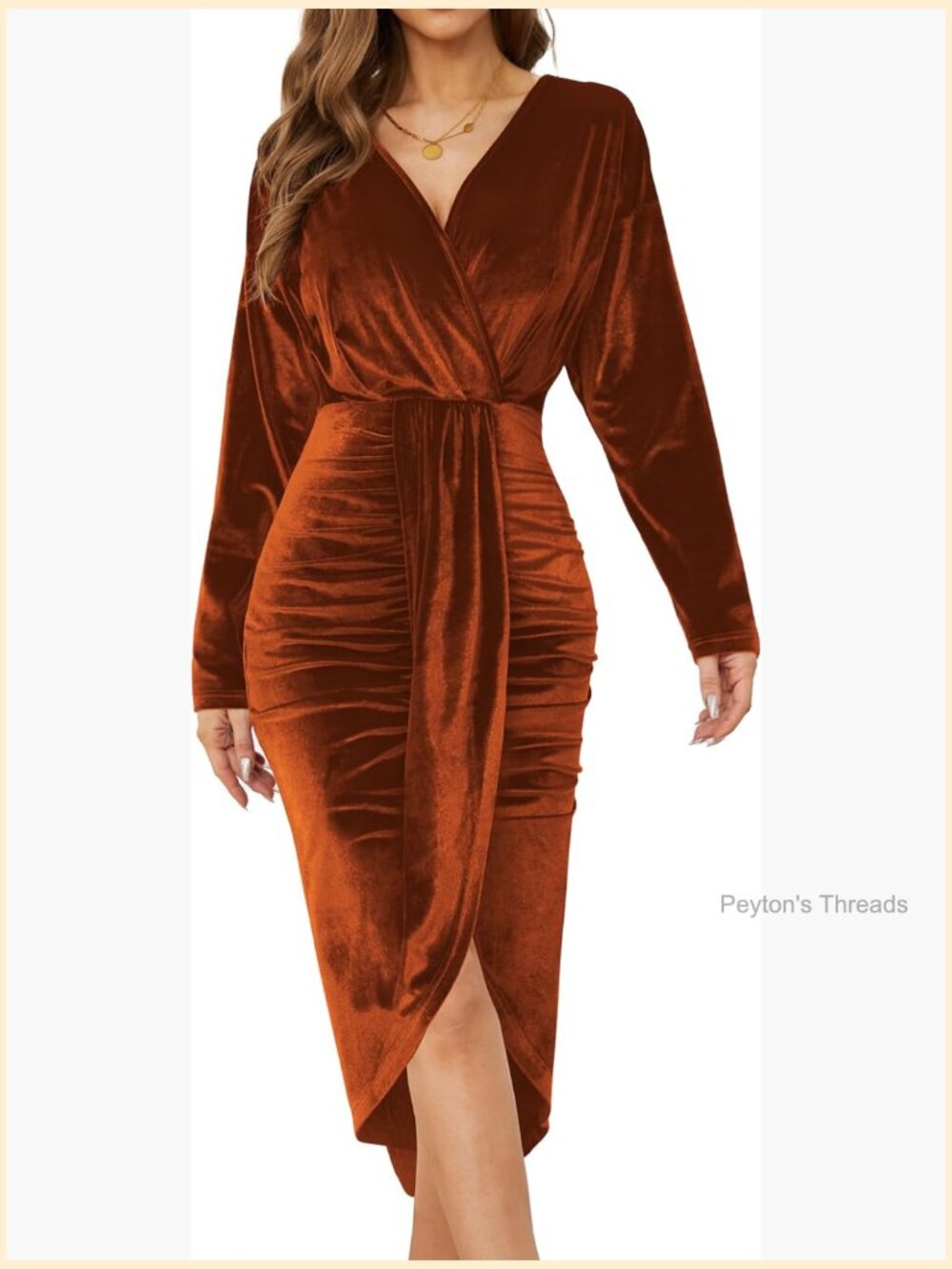 V Neck Long Sleeve Ruched Velvet Cocktail Party Evening Midi Dress